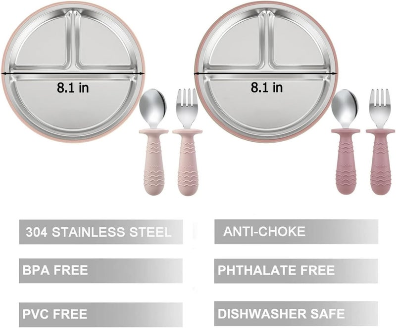 PandaEar 2 Pack Stainless Steel Baby Suction Plates & 2 Pack Spoons and Forks Set, Toddler Utensils Baby Feeding Set, Divided Plates for Baby Led Weaning Supplies, BPA-Free (Pink) - Image 3